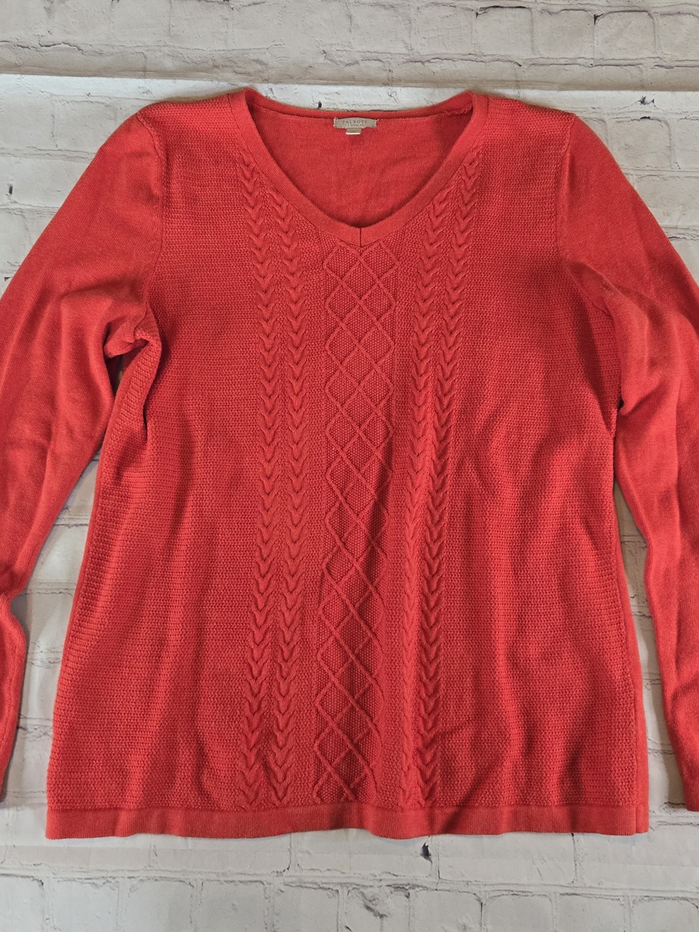 Talbots Orange Red V-Neck Cable Knit Pullover Cotton Sweater Sz Small Classic